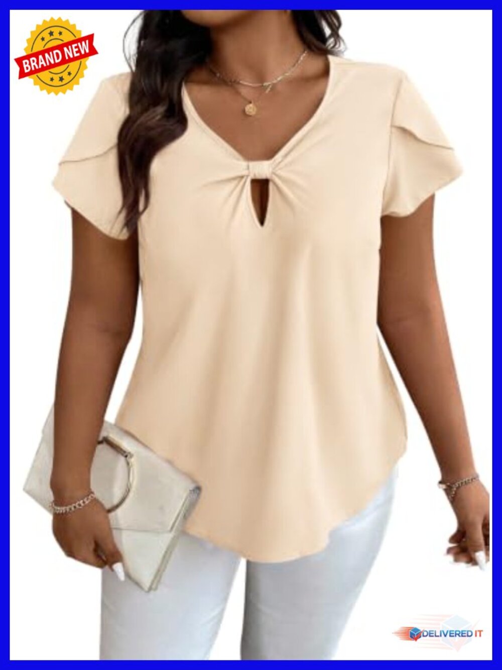 Women's V-Neck Knit Top with Twist Knot Petal Sleeves Short Sleeve Summer Blouse